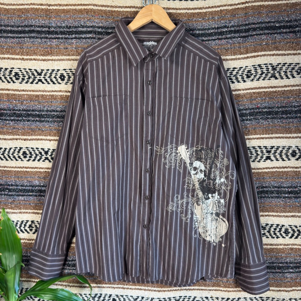 Machine Mens XL Brown Pinstripe Button Down Shirt Skull Guitar Graphic Rocker